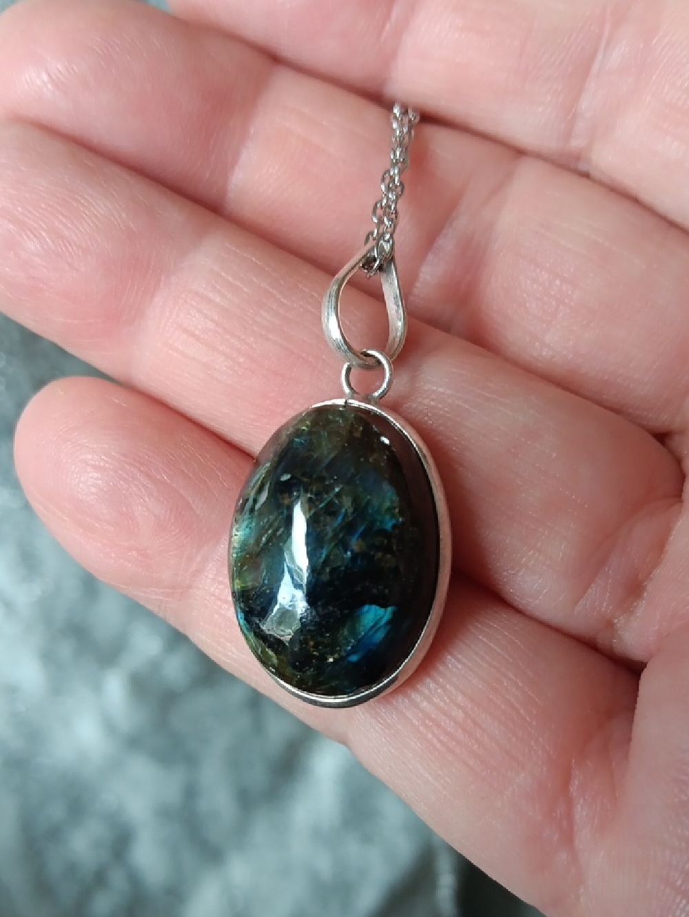 Labradorite Oval Pendant Necklace in Sterling-Tone Setting - Blue Green